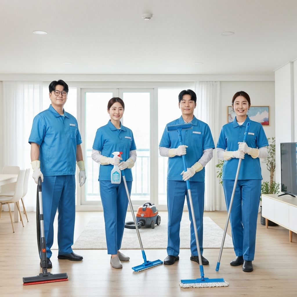 구석구석 전문 청소팀이 밝은 아파트에서 청소 중인 모습