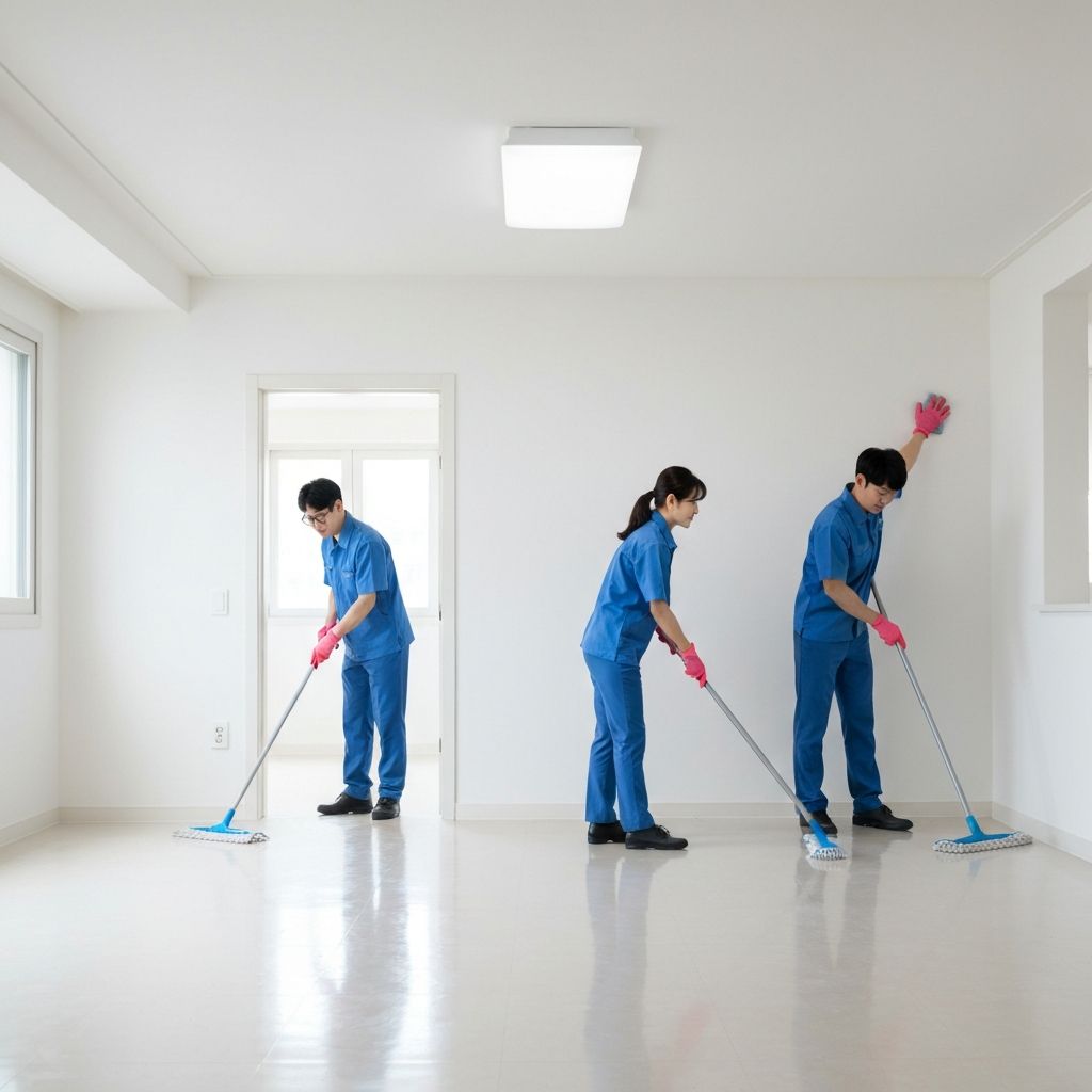 입주청소 전문 팀이 빈 아파트를 청소하는 모습